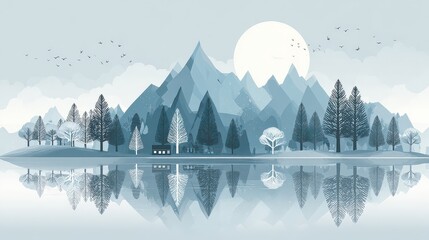 Pixel Art Landscape with Blue Mountains Evergreen Trees and Moon Reflection in Water Calm Tranquil Scene with Nature Elements Pixelated Style