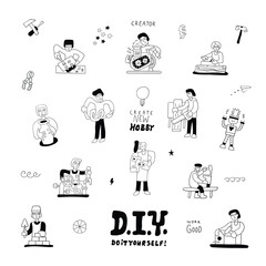    Hand made interesting hobby of people, inventor hand drawn character illustration