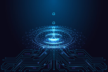 Digital Water Ripple and Droplet over Circuit Board. Futuristic Fluid Technology Vector Illustration