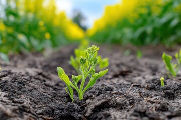 Fresh Green Sprouts Emerging from Dark Soil in a Rural Farm Field Landscape Under Soft Natural Lighting with Yellow Flowering Plants