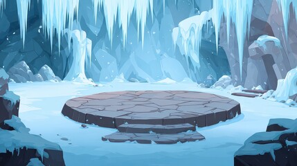 Pixelated Ice Cave Platform with Stalactites and Frozen Landscape in Blue and White Hues, 2d Game Level Design