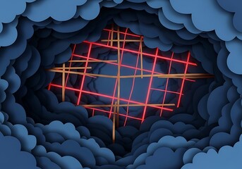 Volumetric clouds framing neon grid artwork in a layered paper style