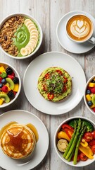 Delicious and Healthy Breakfast Spread with Pancakes, Smoothie Bowl, and Fresh Fruits