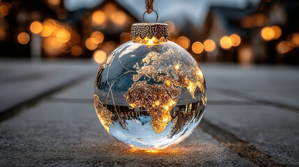 Glass globe with illuminated map reflecting global cities at dusk.