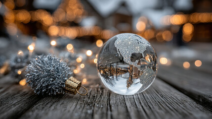 Glass globe reflecting winter scene, placed on wooden surface with festive lights around.