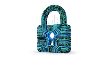 Digital padlock with binary code and circuit board pattern, symbolizing cybersecurity and data protection