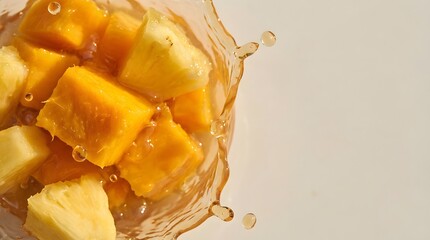Fresh mango chunks splashing in a glass with juice on a white background