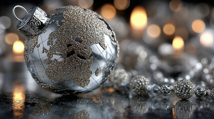 Silver Christmas ornament with gold glitter world map and festive decorations.