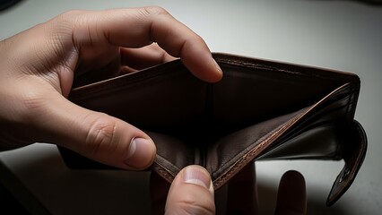 Despair of Empty Leather Wallet held by Hand, Financial Hardship