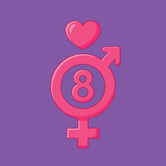 Fototapeta premium Gender symbol with heart and number eight icon celebrating International Womens Day in pink on purple background 