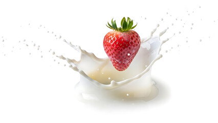 Fresh strawberry splashing into creamy milk creating a dynamic splash and droplets