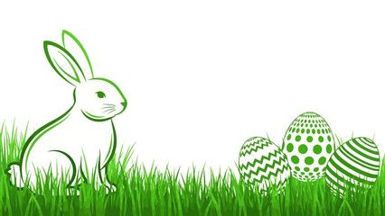 A whimsical Easter bunny illustration sits in lush green grass beside decorated Easter eggs.
