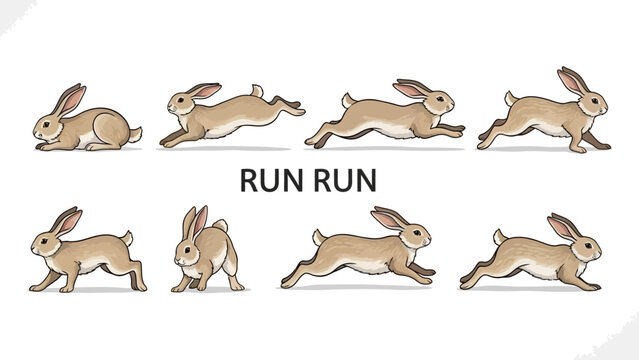 Sequence of illustrations showing the running motion of a rabbit in different poses.