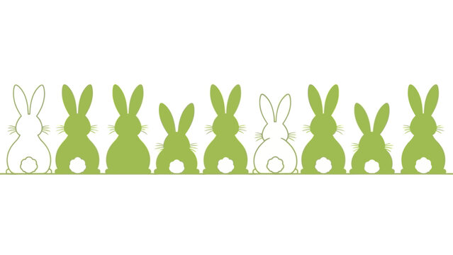 A row of green and white Easter bunny silhouettes facing away from the viewer, showcasing their fluffy tails. - Powered by Adobe