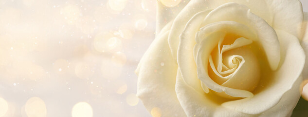 Beautiful white rose on light background with space for text, closeup