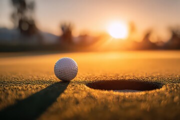 Golf Ball Near Hole on Green Course During Sunset with Golden Light and Blurred Background in Outdoor Scene