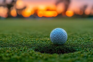 Golf Ball Close Up On the Green Edge of Hole at Sunset with Blurry Background, Smooth Focus, and Detailed Dimples during Golden Hour
