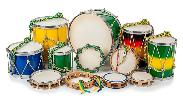 Collection of colorful Brazilian drums and tambourines with braided cords against a white background