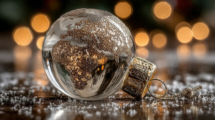 A glass globe ornament with a world map design, lying on a reflective surface.