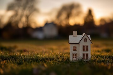 Miniature Model House on Green Grass Field at Sunset with Blurry Background of Buildings and Trees in Warm Golden Light