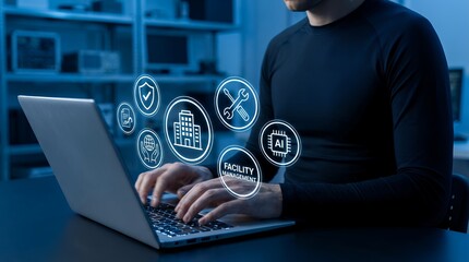 A man's hands typing on a laptop with glowing icons representing facility management AI security and global support appearing around him artificial intelligence technology business