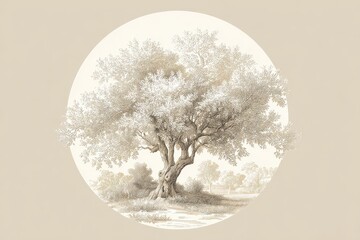 Olive Tree in Circle on Beige Background Rustic Mediterranean Style Drawing with Detailed Branches and Textured Bark Ancient Symbolism and Neutral Color Palette