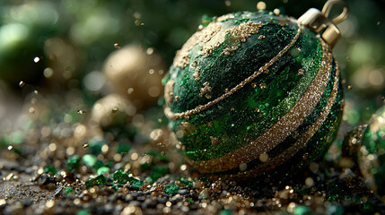 Close-up of a green and gold decorated Christmas ornament on a surface.