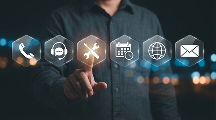 Person's finger touching a row of transparent hexagonal icons representing customer service options including phone headset tools calendar globe and email contact us support communication