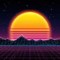Pixelated Sunset Over Mountains With Retro Grid and Starry Night Sky