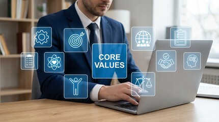 Businessman interacting with digital interface displaying core values icons including teamwork goal achievement and ethical principles Ethics Corporate Success Goals Professional Strategy