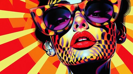 Close-up stylized portrait of woman with bold red lipstick and large sunglasses reflecting colorful pop-art patterns, set against an energetic graphic backdrop. Generative by AI