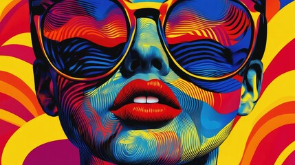 Close-up stylized portrait of woman with bold red lipstick and large sunglasses reflecting colorful pop-art patterns, set against an energetic graphic backdrop. Generative by AI