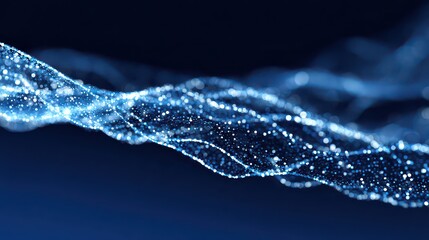 Abstract Blue Data Stream Network with Glowing Particles on Dark Background Shallow Depth of Field for Technological Design and Futuristic Concepts
