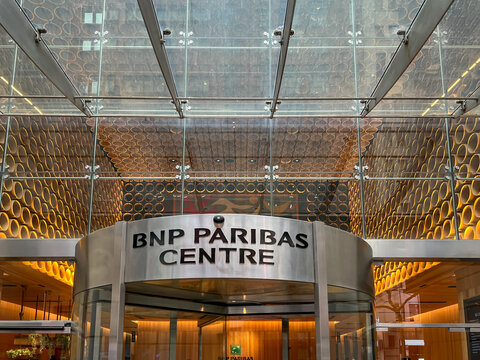 Sydney, NSW, Australia - August 13, 2025: BNP Paribas Centre sign above the entrance, Sydney, NSW, Australia. 