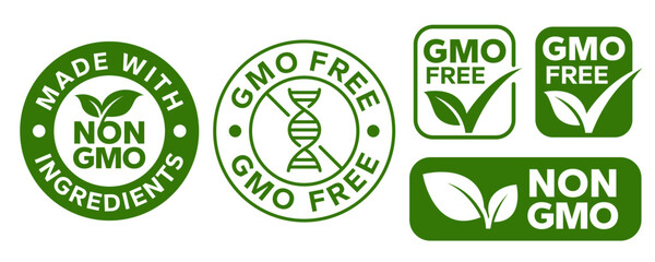 GMO free icon set. Non GMO label. No added or artificial chemicals logo, label, badge, sticker, symbol, emblem, stamp, line, vector, isolated illustration. GMO free label for product packaging design.