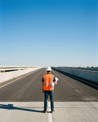 Civil engineer with blueprints standing on empty new highway road, infrastructure development and inspection concept
