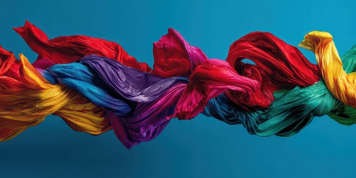 Abstract Woven Stream of Multicolored Fabric on Blue Background with Fluid Texture and Dynamic Formations Illuminated by Studio Lighting - Powered by Adobe