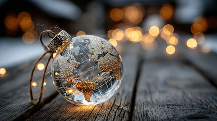Decorative glass globe with a world map, illuminated with warm background lights.