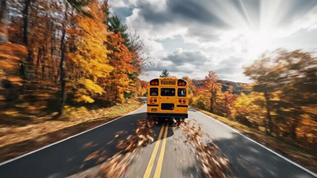 School Bus Journey Through Vibrant Autumn Forest with Students Looking Out Windows.