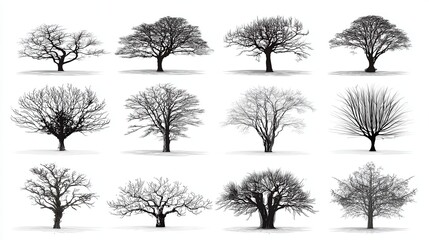 Monochrome Tree Silhouette Collection on White Background Forest Woodland Nature Illustration Black and White Vegetation Drawing Landscape Elements Tree Types Isolated