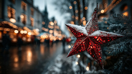 Festive red star-shaped ornament hanging outdoors during winter evening.