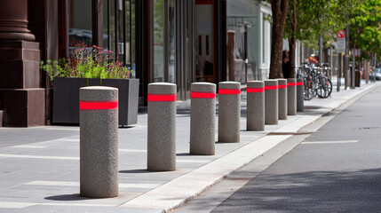 Urban Safety Bollards with Red Warning Stripes Along Modern City Sidewalk, Traffic Control and Pedestrian Protection Concept in Contemporary Architecture