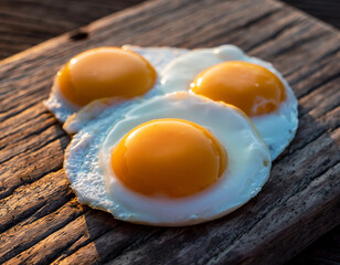 Three Sunny Side Up Eggs on Rustic Wooden Surface