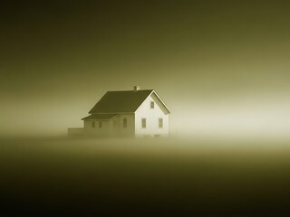 House in a Fog Enveloped Landscape, Minimalist Aesthetic, Calm Ambiance