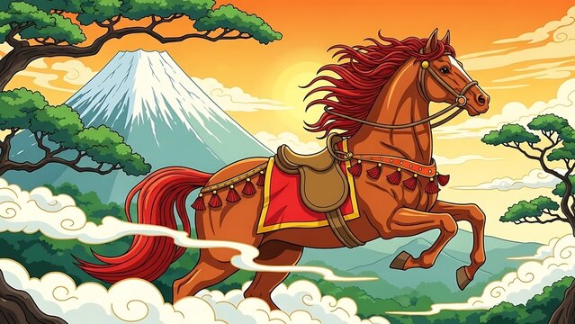 Animated horse galloping in scenic japanese landscape with mount fuji and vibrant colors