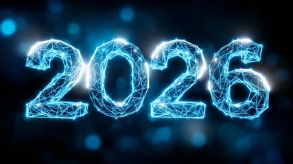 Futuristic New Year 2026 design composed of glowing polygonal wireframe numbers made of interconnected points and lines on a dark blue digital background. Soft neon lighting, float - Powered by Adobe