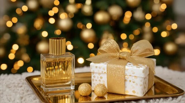 Luxurious Christmas still life inside a cozy, softly lit interior; an elegant perfume bottle with golden details standing beside a square gold-lidded cream jar, both placed on a re