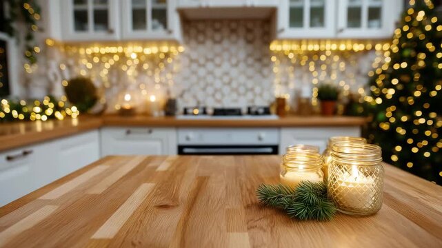 Christmas kitchen decorated in soft golden lights. Wooden countertops glow with the warm ambiance of burning candles, jars, pine branches, and minimal rustic details