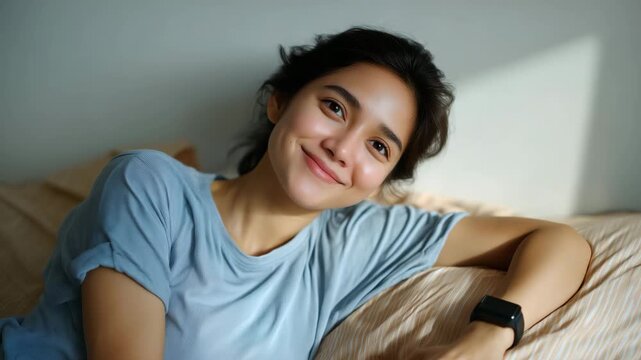 young Asian woman in her early 20s is shown lying on her side in bed, captured from the chest up, fully in frame with enough headroom and negative space to avoid any cropping. She