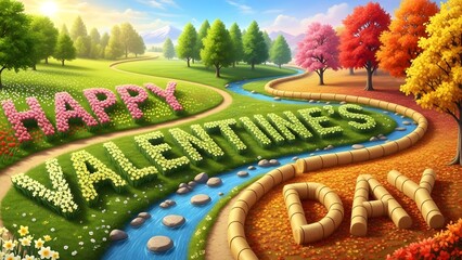 Happy valentine's day wishes in a beautiful landscape with river and trees